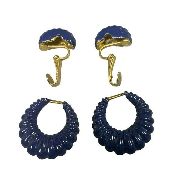 Vintage 80s Retro Royal Blue Enamel Gold tone Clip-On Hoop Earrings - Picture 5 of 5